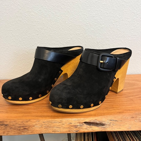 Veronica Beard Black Suede Mules with Tan Wooden Heels - Picture 6 of 8